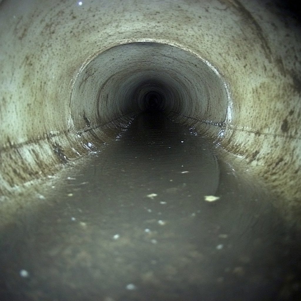 A belly in the line. A low section holding water. It will keep catching waste until it is corrected.