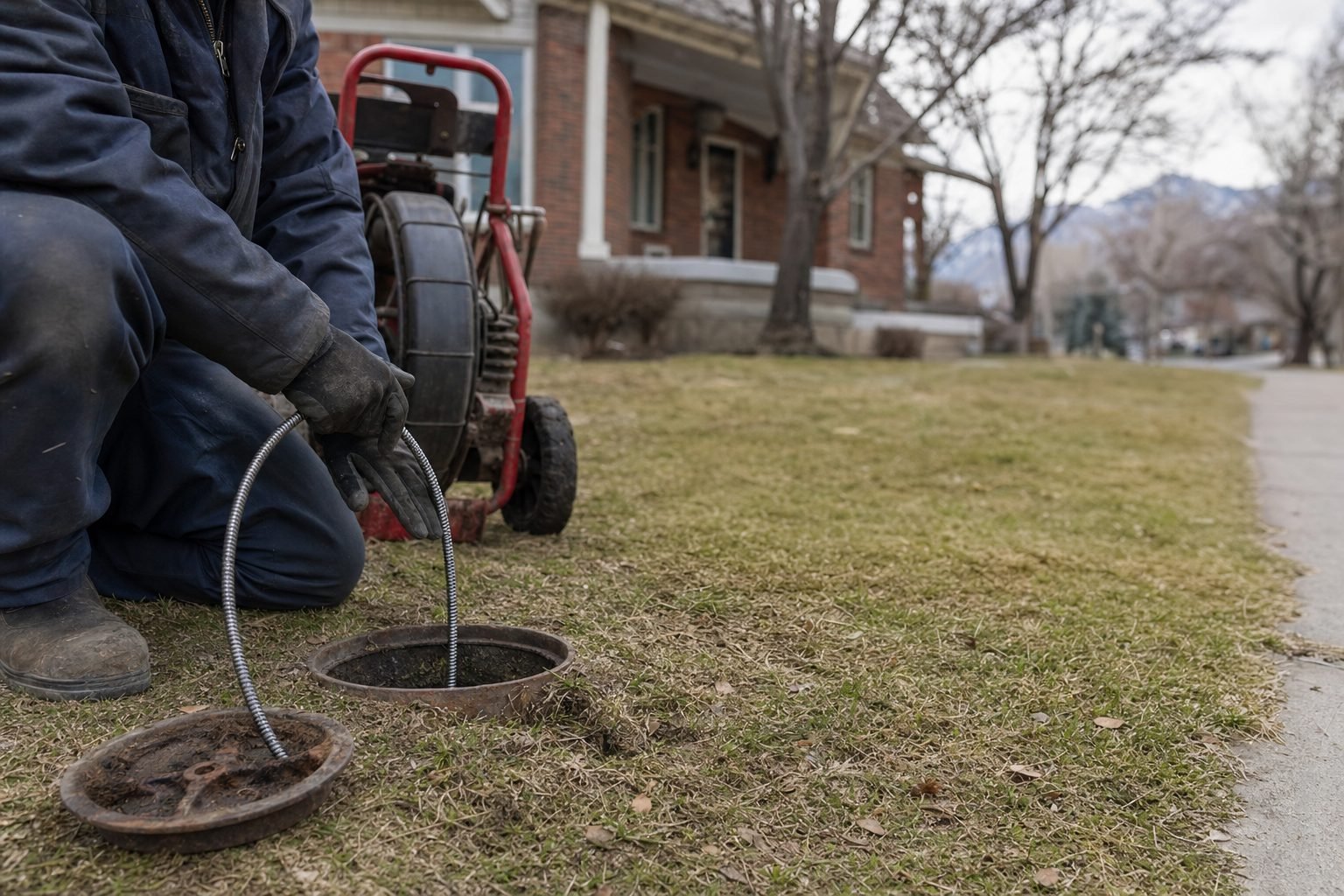 A drain technician feeding a cable into an open sewer cleanout in the front lawn of an older Ogden home.