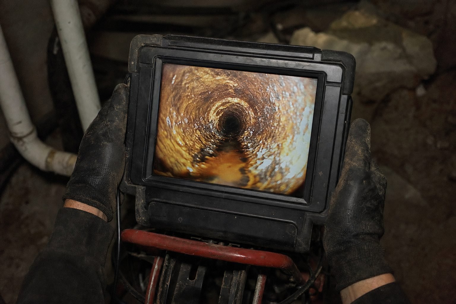 Inside a cast iron drain line, viewed on an inspection camera monitor, showing mineral scale narrowing the pipe.