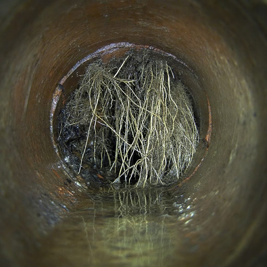 Root intrusion. Roots at a clay joint. Common under mature trees on Ogden's older streets.