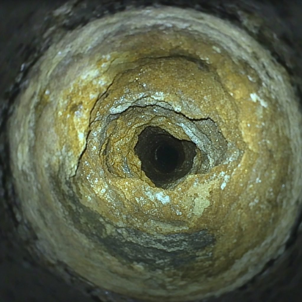 Mineral scale. Cast iron closed down by hard water scale. Regularly mistaken for a clog.